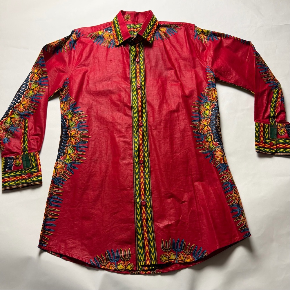 Vibrant Red Multicolor Patterned Long Sleeve Dres… - image 1